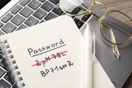 Changing password. Notebook with new and old passwords, laptop, pen and glasses on wooden table,...