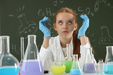 Back to school. Emotional girl at desk with flasks of liquids against chalkboard with chemical formulas indoorsの写真素材