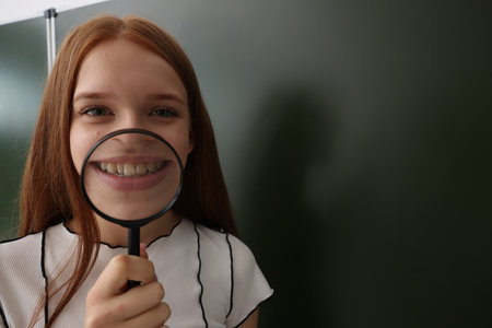 Back to school. Student with magnifying glass near chalkboard indoors, space for textの写真素材