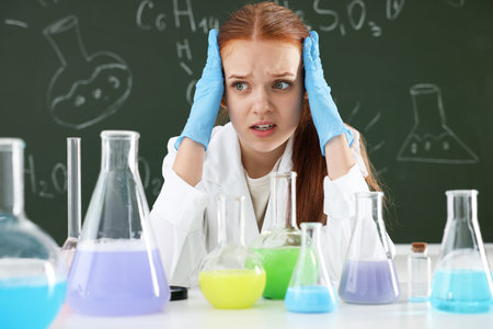 Back to school. Emotional girl at desk with flasks of liquids against chalkboard with chemical...