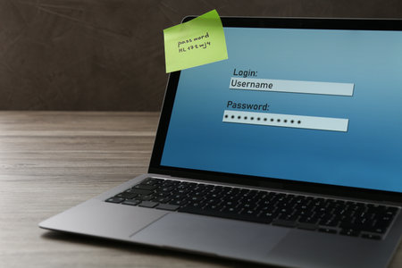 Laptop with login, password and paper note on wooden table, closeupの写真素材