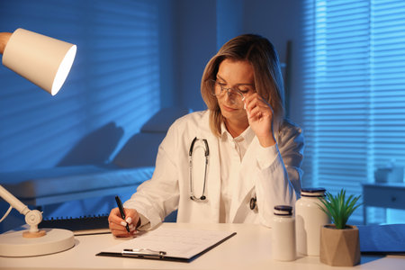 Doctor writing notes at table in clinic during night shiftの写真素材