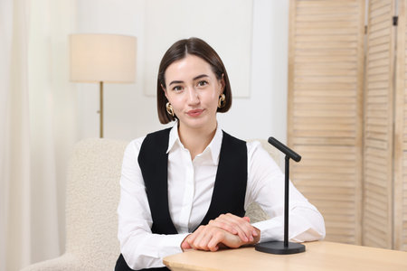 Podcast host recording talk show indoors, view from cameraの写真素材