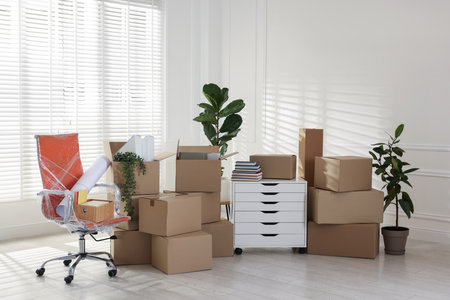 Many moving boxes, houseplants and furniture in new officeの写真素材