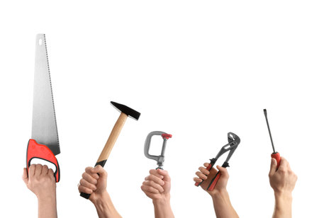 People holding different tools in hands against white background, closeup. Collageの写真素材