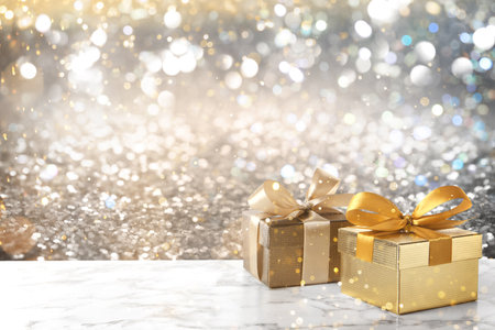 Gift boxes on table against sparkling background, bokeh lightsの写真素材