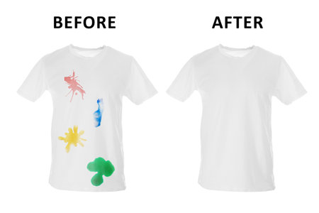 Dry-cleaning service. Dirty and clean t-shirt on white background, collage before and afterの写真素材
