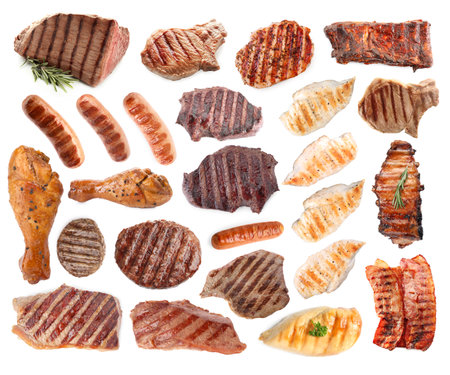 Grilled meat and sausages isolated on white, setの写真素材