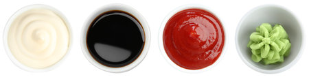 Wasabi, mayonnaise, ketchup and soy sauce, top view. Different condiments isolated on white, setの写真素材