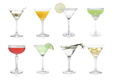 Different alcohol cocktails isolated on white, setの写真素材
