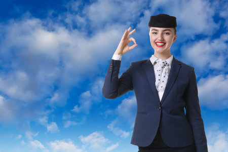 Happy stewardess in uniform showing ok sign against blue sky with cloudsの写真素材
