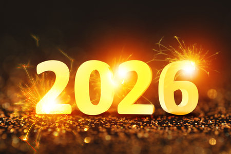 Happy New 2026 Year card design with sparkling golden numbers. Bokeh effectの写真素材