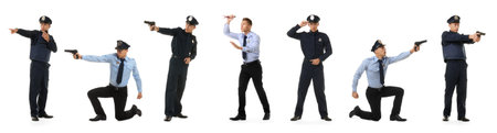 Policeman in uniform on white background. Collage of different portraitsの写真素材