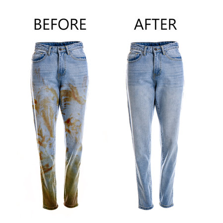 Dry-cleaning service. Dirty and clean jeans on white background, collage before and after