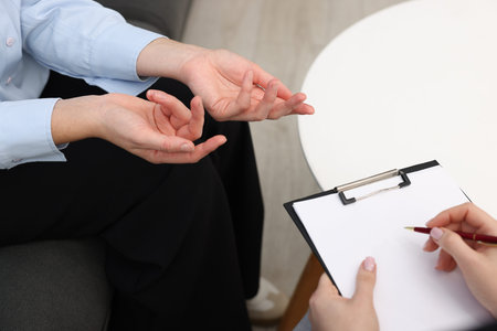 Psychologist making notes during therapy session with client indoors, closeup