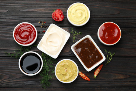Different sauces and herbs on wooden table, flat lay