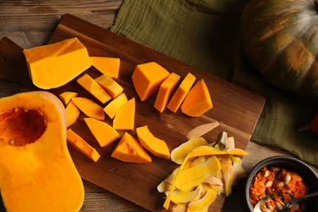 Fresh pumpkins, seeds and peels on wooden table, flat layの写真素材