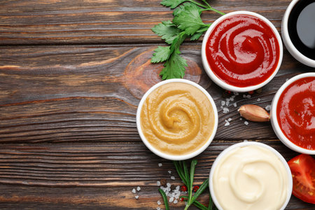 Different sauces, spices and herbs on wooden table, flat lay. Space for textの写真素材