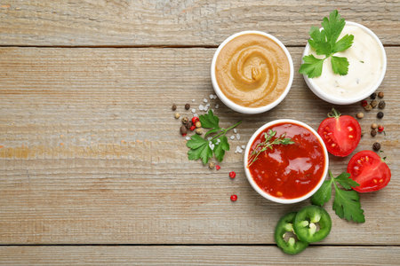 Different sauces, spices and parsley on wooden table, flat lay. Space for textの写真素材