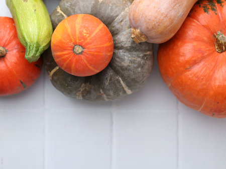 Many fresh pumpkins and zucchini on light tiled table, flat lay with space for text. Gourd familyの写真素材