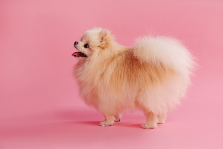Cute fluffy Pomeranian dog on pink background, space for textの写真素材