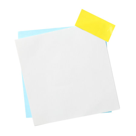 Blank paper notes with adhesive tape isolated on whiteの写真素材