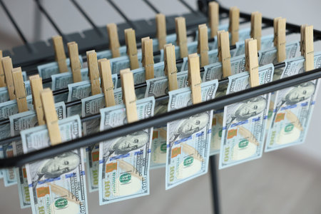 Money laundering. Banknotes hanging on drying rack indoors, closeupの写真素材