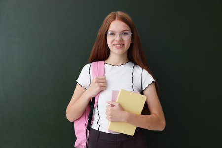 Back to school. Student with backpack and books near green chalkboard indoors