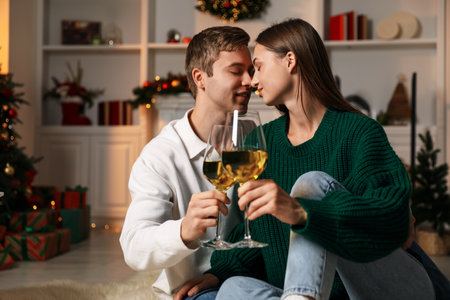 Lovely couple with glasses of wine in festive decorated room, space for textの写真素材