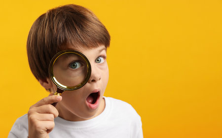 Surprised little boy with magnifying glass on yellow background. Space for textの写真素材