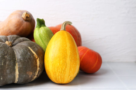 Many fresh pumpkins and zucchini on light tiled table, closeup with space for text. Gourd family
