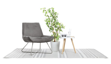 Comfortable armchair, houseplant, side table and carpet on white backgroundの写真素材