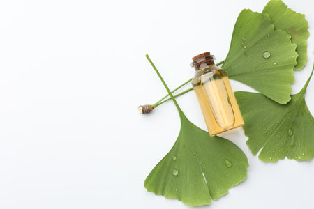 Ginkgo biloba leaves and essence on white background, flat lay. Space for textの写真素材