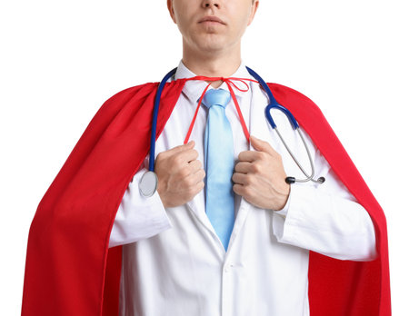 Doctor wearing superhero cape on white background, closeupの写真素材