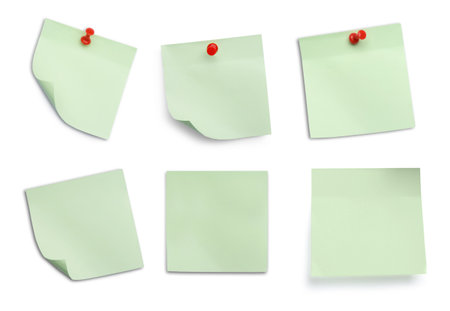 Green paper notes isolated on white, setの写真素材