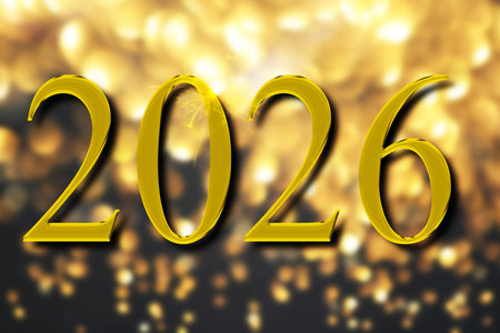 Happy New 2026 Year card design with numbers against shiny golden background. Bokeh effect