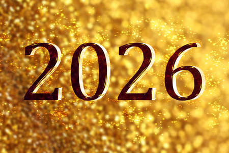 Happy New 2026 Year card design with numbers against shiny golden background. Bokeh effectの写真素材