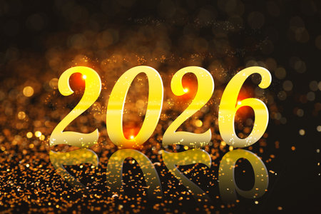 Happy New 2026 Year card design with golden numbers. Bokeh effect