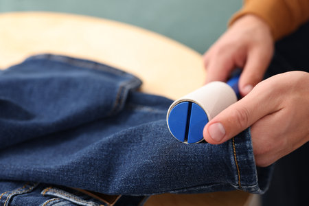 Man cleaning pants with lint roller at table indoors, closeupの写真素材