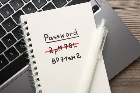 Changing password. Notebook with new and old passwords, laptop and pen on wooden table, top viewの写真素材