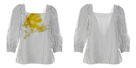 Dry-cleaning service. Dirty and clean blouse on white background, collage before and afterの写真素材