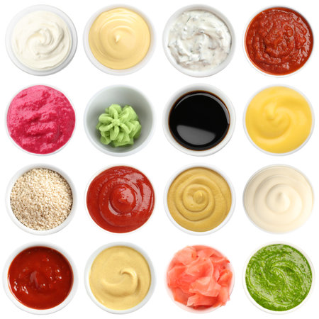 Condiments isolated on white, set. Top viewの写真素材