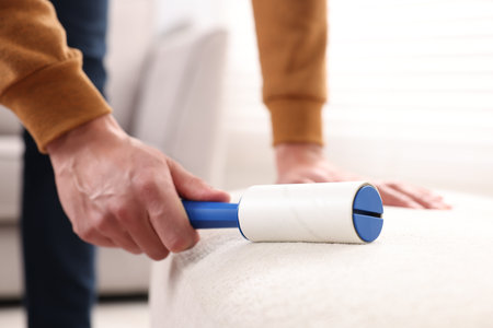 Man cleaning pouf with lint roller at home, closeupの写真素材