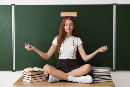 Back to school. Student with book on her head meditating near chalkboard indoorsの写真素材