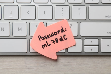 Paper note with password and keyboard on light wooden table, top view