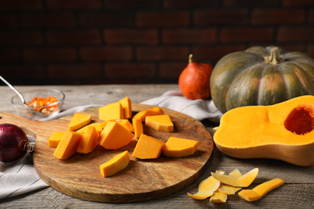Fresh pumpkins, onion and seeds on wooden table against brick wall, closeupの写真素材