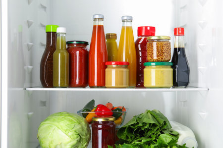 Bottles with different tasty sauces and products in refrigerator, closeupの写真素材