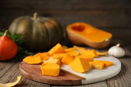 Fresh pumpkins and spices on wooden table, closeupの写真素材