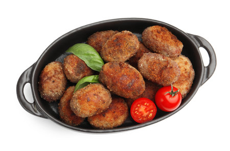Tasty meat patties with tomatoes isolated on white, top view