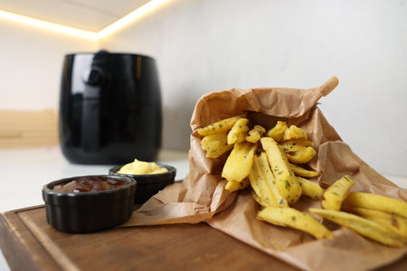 Cooked French fries, sauces and air fryer on countertop, closeupの写真素材